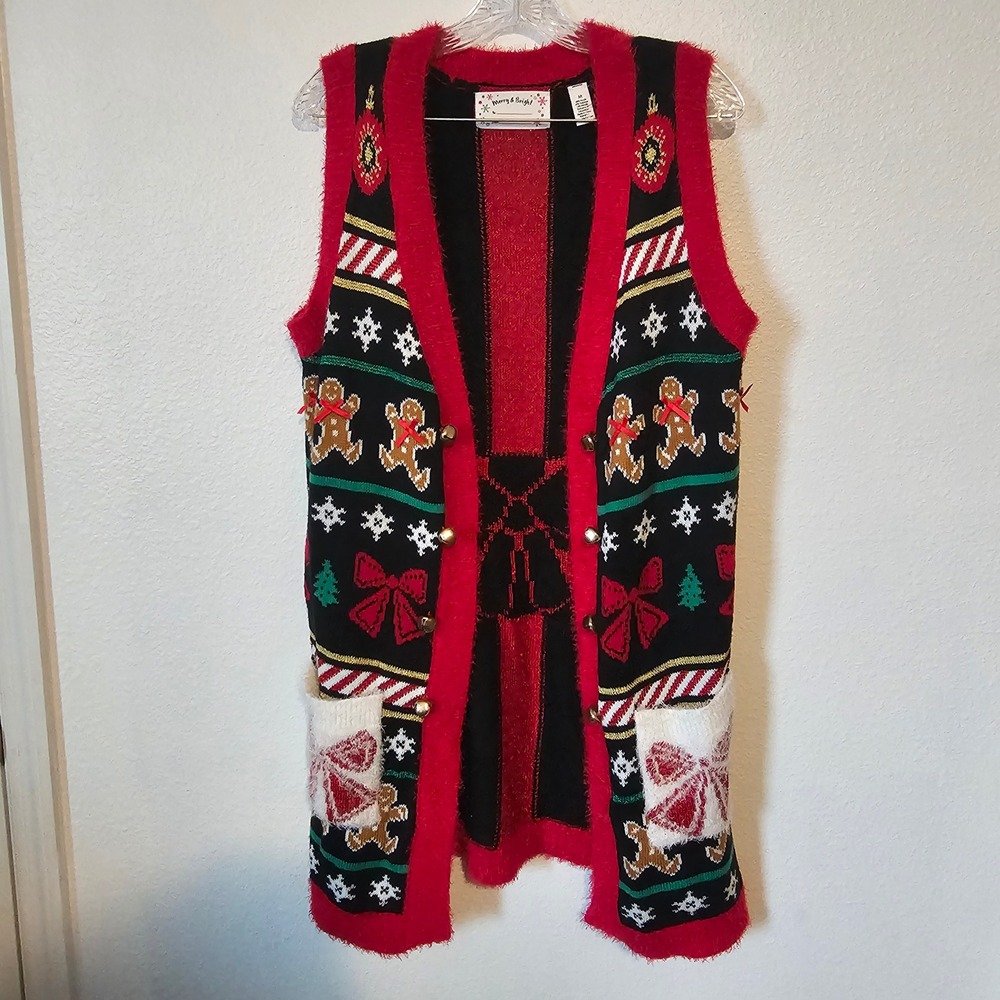 Merry & Bright Christmas Sweater Vest Gingerbread Snowflake Longline Metallic M